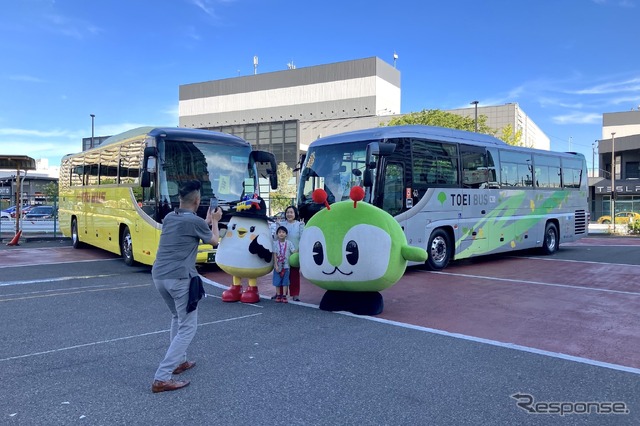 はとバスのしゃぽぽ(向かって左)と都バスのみんくる