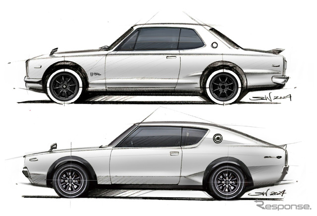 和田智氏の直筆によるハコスカGT-R(上)とケンメリGT-R(下)のスケッチ