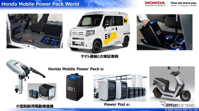 可搬式着脱バッテリー「Hondaモバイルパワーパックe」。商用車や二輪車、ポータブル電源など様々な用途に対応している