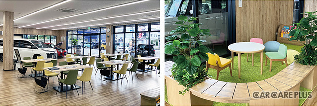 『オートバックスカーズ かしわ大井』の店内は、広々とした待合・商談スペースとキッズコーナーも用意