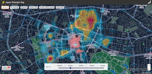 「Japan Midnight Map」の画面イメージ、夜間人流データをヒートマップに表示