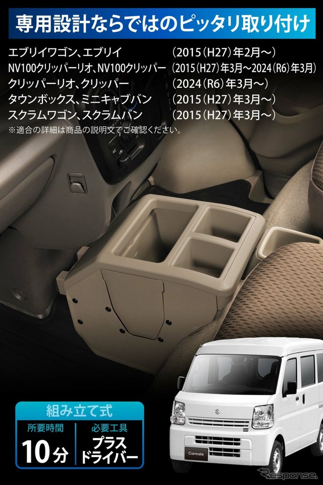 『エブリイ』系列車の車内に調和する、カーメイトのコンソールボックス