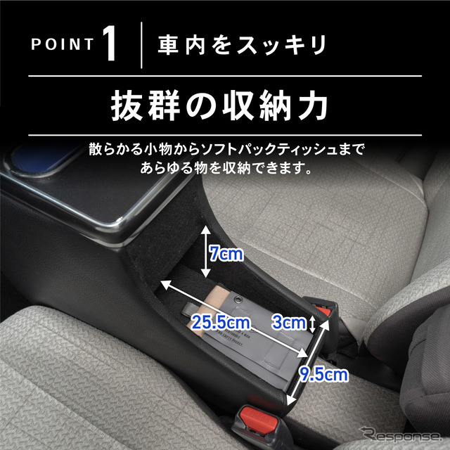 シートの隙間に入れ込むだけで収納と電源をカンタンに増設、クラフトワークスから『デリカミニ』系列車専用コンソールボックス登場