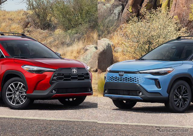 トヨタ・カローラクロス(ガソリン、左)とハイブリッド改良新型(米国仕様)