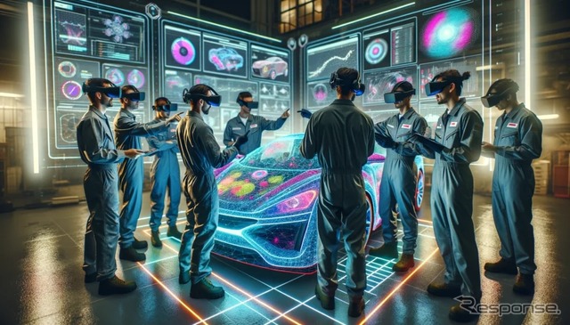 仮想空間にゼブラパターンが投影された自動車の車体を表示。リモート環境でも現場で傷などをチェックしているのと同じ状態を確認可能
