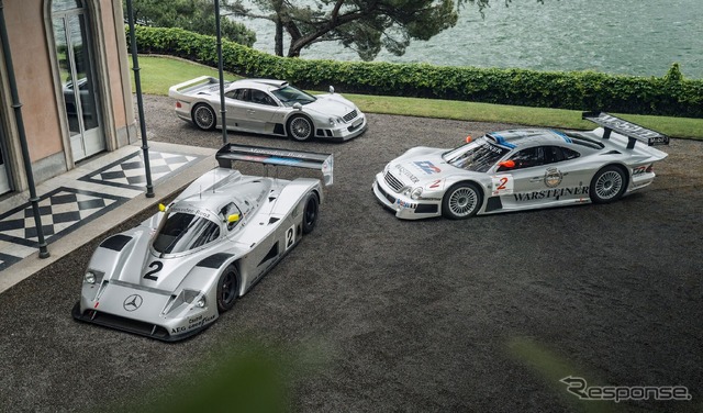 手前からメルセデスベンツ『C11』、『CLK GTR』、『CLK GTRクーペ』