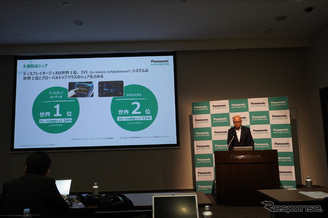 スライドで説明するパナソニックオートモーティブシステムズ 永易正吏社長