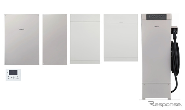 左より、トリプル蓄電パワーコンディショナ、蓄電池用コンバータ、蓄電池ユニット6.5kWh/9.7kWh、V2Hスタンド