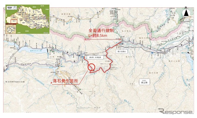 落石発生箇所と当初の通行規制区間