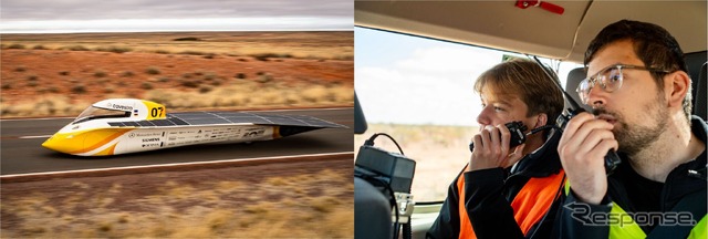 「チーム・ゾンネンワーゲン・アーヘン」のソーラーカー（左）と無線機「NX-1000」の使用シーン（右）