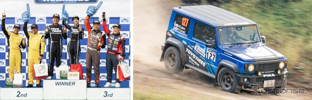 左：XC-3クラス表彰台／右：XC-3クラス優勝「WISTERIA with TOYO TIRES」の参戦車両 ジムニー シエラ