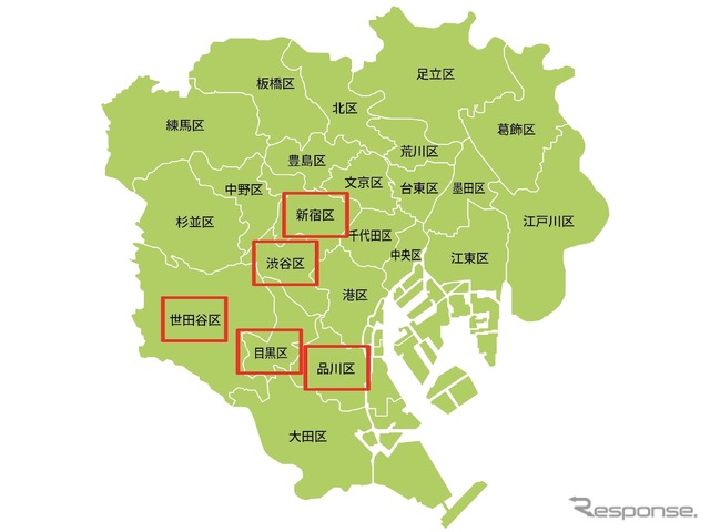 登録利用者の居住地。多い順に渋谷区・世田谷区・目黒区・新宿区・品川区
