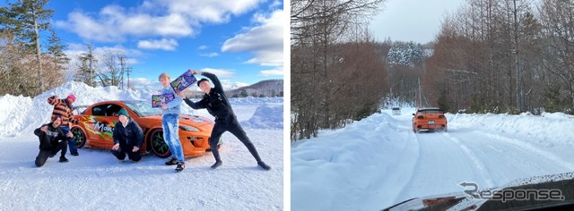 走行会に参加した動画クリエイター(左)/御岳スノーランドでの雪道走行の様子(右)