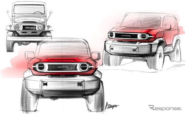 トヨタ ランドクルーザーFJのデザインスケッチ。FJ40（左上）もモチーフとなった