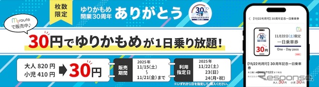 11月15日～21日の期間中、11月22日・23日・24日に使える「30周年記念　QR一日乗車券」を枚数限定で30円で販売