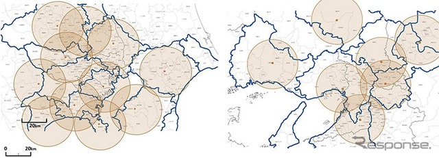 配送センター拠点一覧（左：首都圏一都三県　11か所　右：関西京阪神地区　7か所）