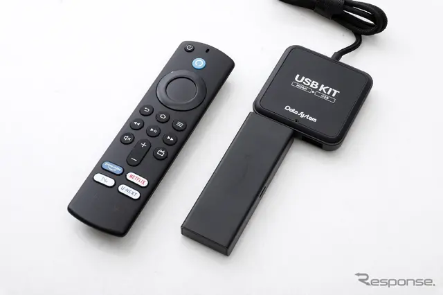 USB KITのHDMI入力部にAmazon Fire TV Stickの受信部を接続して電源用USBを繋げば楽しめる