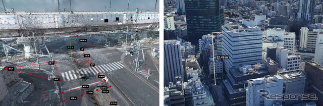 3Dmapspocketによる計測イメージ(左:高精度3次元点群データ／右:Google Photorealistic 3D Tiles)