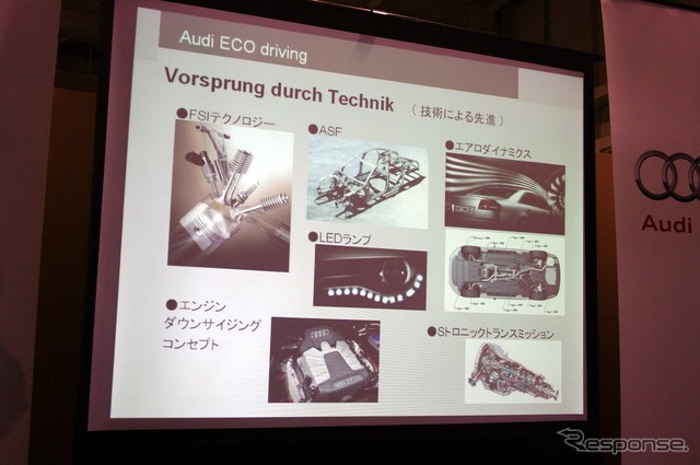 アウディのスローガンである“Vorsprung durch Tecnik”（「技術による先進」）。さまざまな環境技術によりCO2排出力の削減を図っている