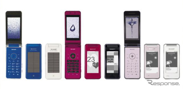 中国市場向けソーラーパネルを搭載した携帯電話(左からSH6230C、SH6220C、SH6228C)