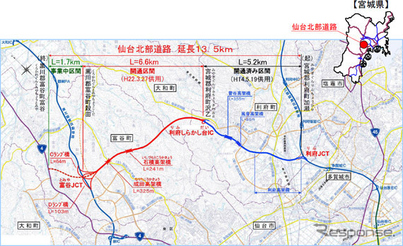 仙台北部道路の開通区間