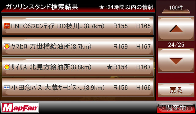 MapFan Navi Ver1.5（ガソリンスタンド検索結果画面）