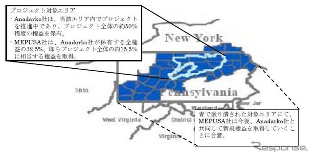 米国ペンシルベニア州のシェールガス事業プロジェクト対象エリア
