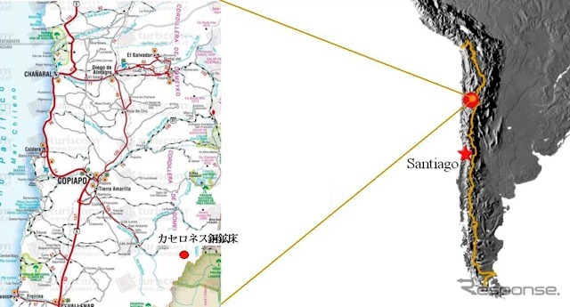 カセロネス銅・モリブデン鉱床の所在地。チリ第III州の州都コピアポから南東162km、アルゼンチンとの国境から15kmに所在。鉱床付近の標高は4200 - 4600m