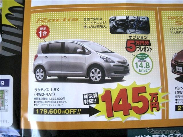 ●ラクティス 1.5X(4WD・4AT) ●トヨタカローラ釧路 ●本店0154-23-2435、星が浦店、他4店 ●3/6〜3/7 ●ひなごろ