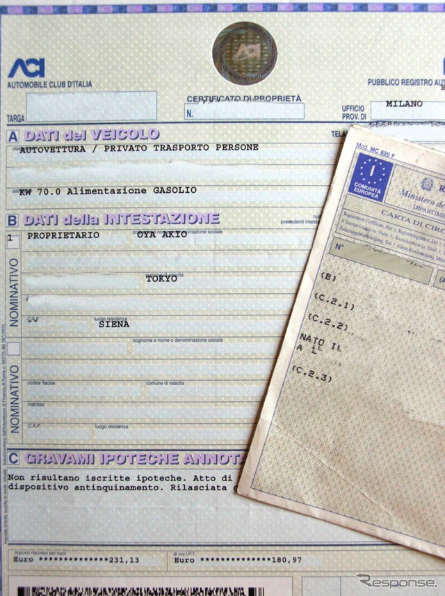 イタリアの自動車所有証書（左）と車検証（右）