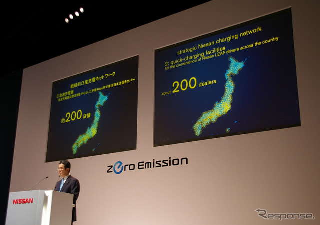 30日の会見で全国2200店舗のディーラーへの充電器設置を発表した