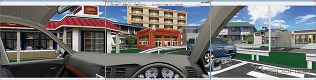 UC-win/Roadのドライビングシミュレータの画面。3画面のマルチモニタタイプ