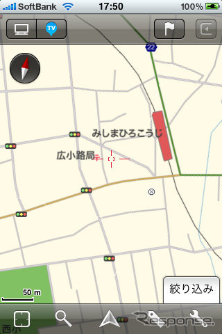 地図はデータ量を節約するためか、拡大してもこのくらいの表示。これ以上拡大しても表示内容は変わらない。