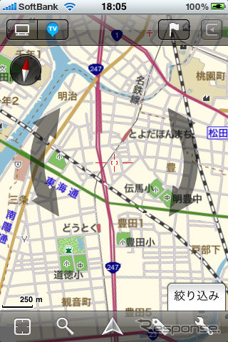 指一本で地図をクルクルと回転させることができる。
