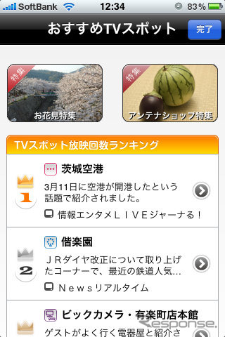 テレビで紹介されたスポットの放送回数ランキングなどを見ることもできる。