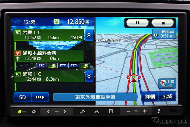 二分割された画面の一方で先のIC/JCT/SA/PA/料金所が確認できるハイウェイビュー