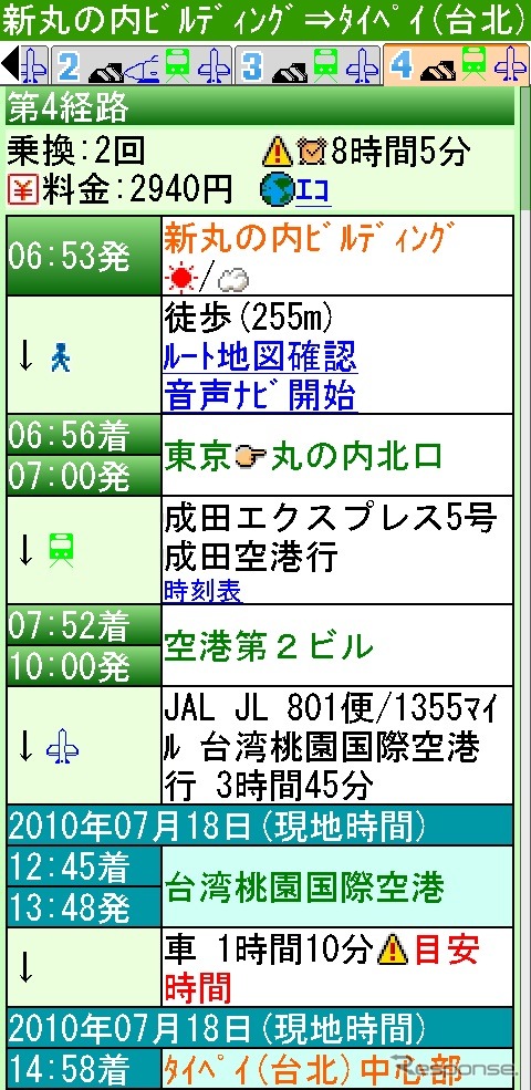 国際間トータルナビ。第4ルート検索結果画面