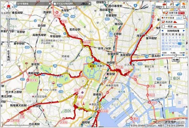高速道のみ表示（2010年8月20日金曜日15時00分で検索）