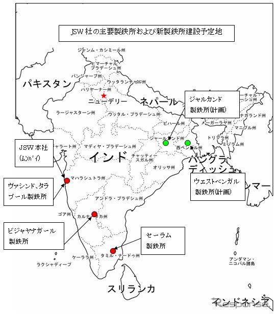 主要製鉄所および新製鉄所建設予定地