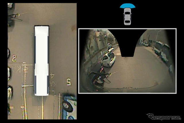 発進時に、俯瞰映像と車両前方直下映像を同時表示