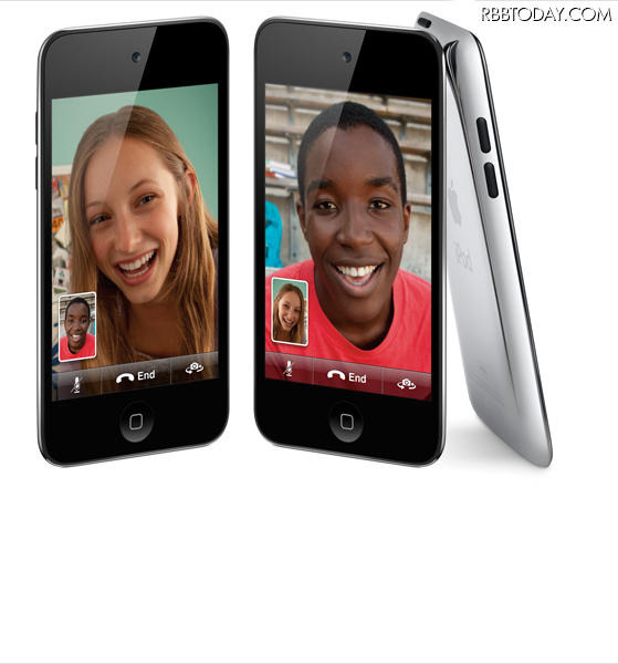 前面上部中央にカメラが付いたiPod touch。ビデオ通話「FaceTime」のイメージ 前面上部中央にカメラが付いたiPod touch。ビデオ通話「FaceTime」のイメージ