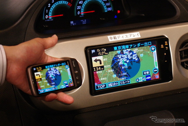 スマートフォンの画面を車載モニターに映し出す。車載モニターでタッチ操作も可能。ナビゲーションはユビークリンク『全力案内!』をベースにしている