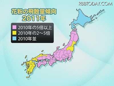 来年のスギ花粉、関東は今年の7～8倍、近畿では10倍という予想 今年が少なかったこともあるが全国的に5倍以上が並ぶ。来年は花粉症もちには辛い年かも