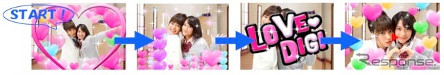 動画例：録画スタート→自動的に映像を加工→再生すると音楽、ハートやデコ文字などが登場