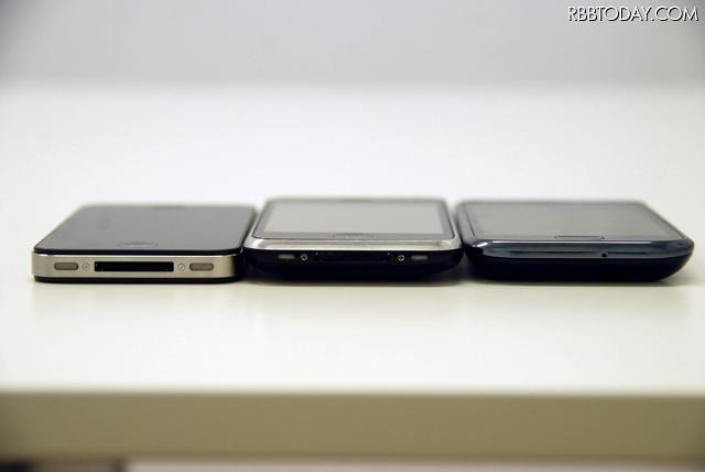 左からiPhone 4、3GS、GALAXY S 左からiPhone 4、3GS、GALAXY S