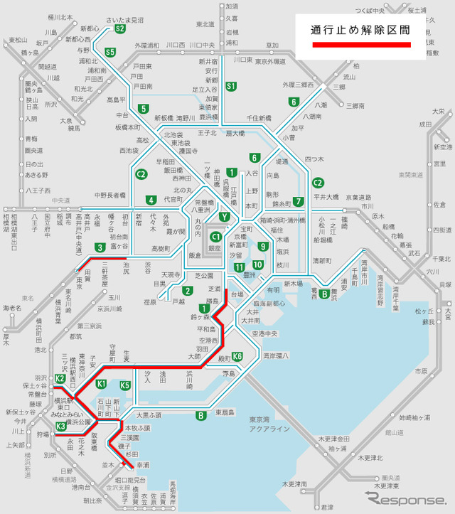首都高の通行止め一部解除(3月12日1時現在)