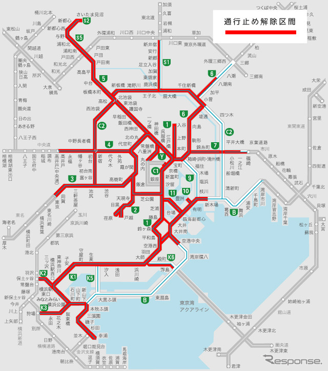 首都高の通行止め解除区間　12日14時現在