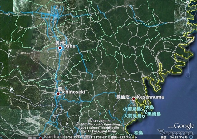 インターナビの通行実績情報を、通行可能な道路の参考情報としてGoogleEarth上に公開