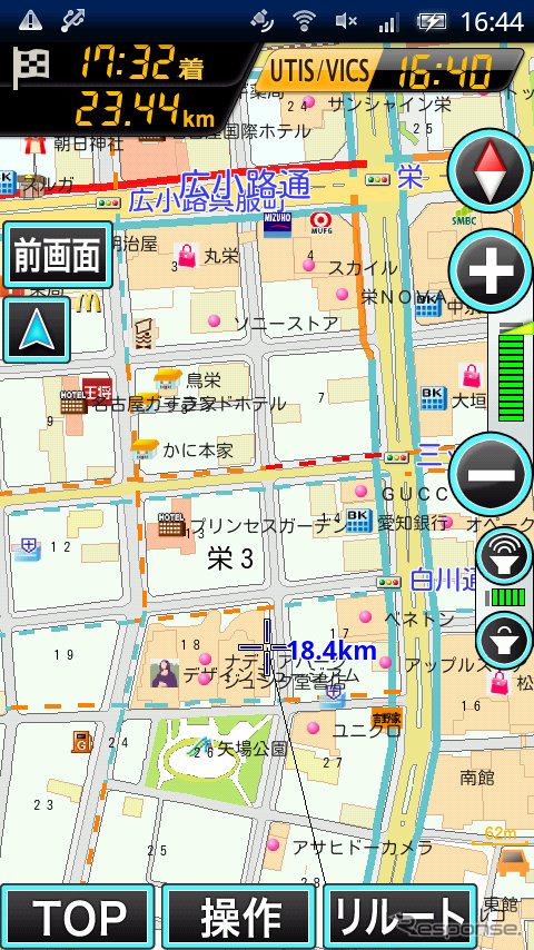 渋滞情報を表示した画面。実線がVICS、破線がUTISの情報で、赤が渋滞、オレンジが混雑、青が空き道だ。UTISがカバーする道路が多いことが分かる