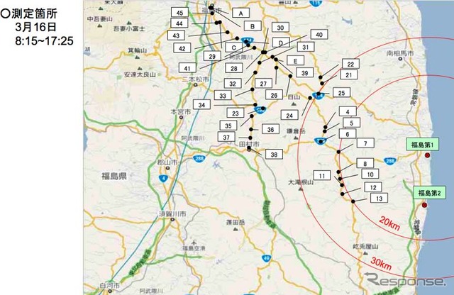 福島第一原子力発電所の20Km以遠のモニタリング結果（屋外での数値：マイクロシーベルト/時）